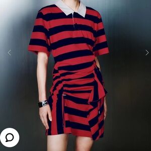 Urban Revivo Striped Irregular Hem Straight Polo Dress with White Collar